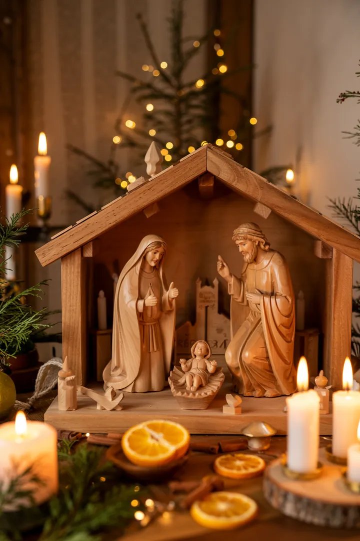 Detailreiche Darstellung einer handgefertigten Krippe, die das Königskind in strahlendem Licht zeigt und die Weihnachtsgeschichte lebendig werden lässt.