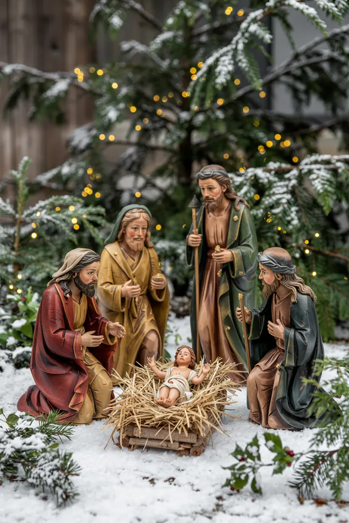 Ein handgefertigtes Weihnachtsdekor mit sanfter Beleuchtung, das die Geburt des Königskindes in einer besinnlichen Szene zeigt.
