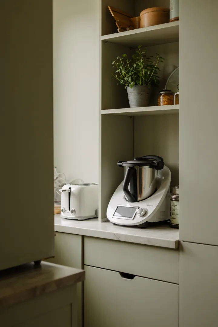 Schmale Küchenzeile mit Nische, Thermomix und Toaster hinter Tür. Deutliche Details, gut erkennbar; küche aufbewahrung geräte im Fokus, screenreader-freundlich beschrieben.