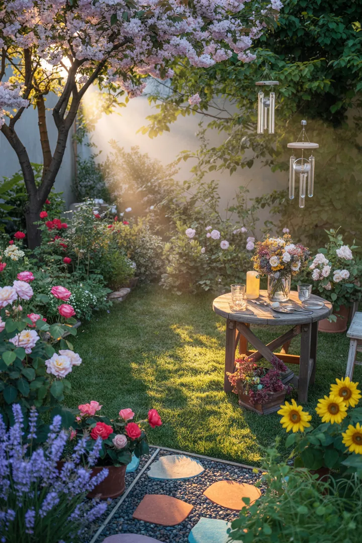 Frühlingshafte Garten-Dekoration mit bunten Pflanzgefäßen, stilvollen Kissen und kreativen Upcycling-Elementen für eine einladende Atmosphäre im Freien.