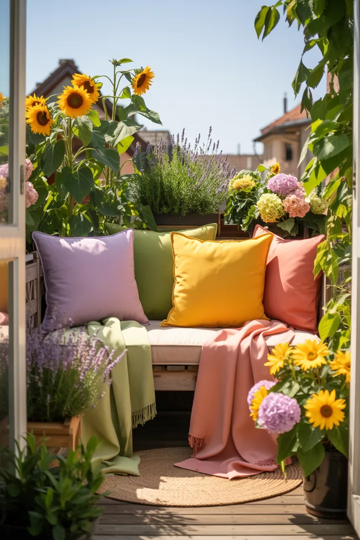 Frühlingshafte Türdekoration aus bunten Pflanzen und natürlichen Materialien, die den Garten erblühen lässt und eine einladende Atmosphäre schafft.