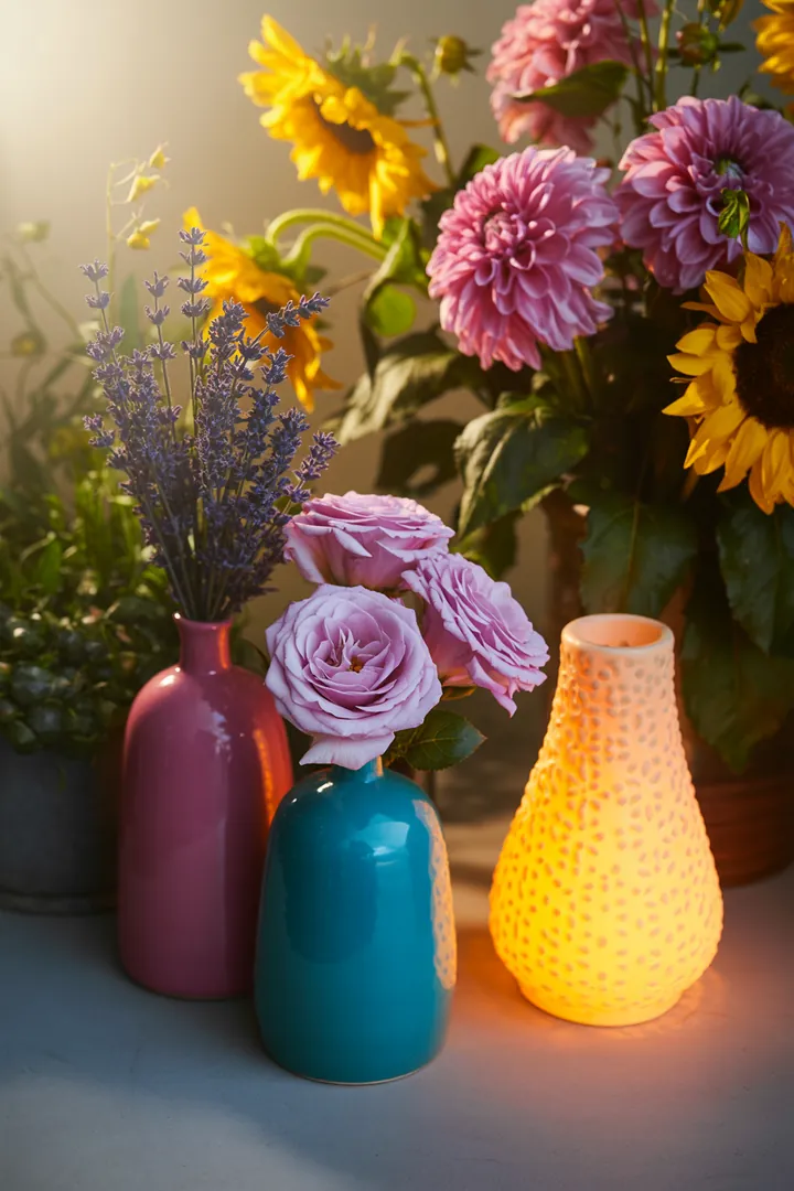 Bunte Frühlingskränze und stilvolle Türdekorationen erwecken den Garten zum Leben, während farbenfrohe Pflanzgefäße und kreative Upcycling-Elemente harmonische Akzente setzen.