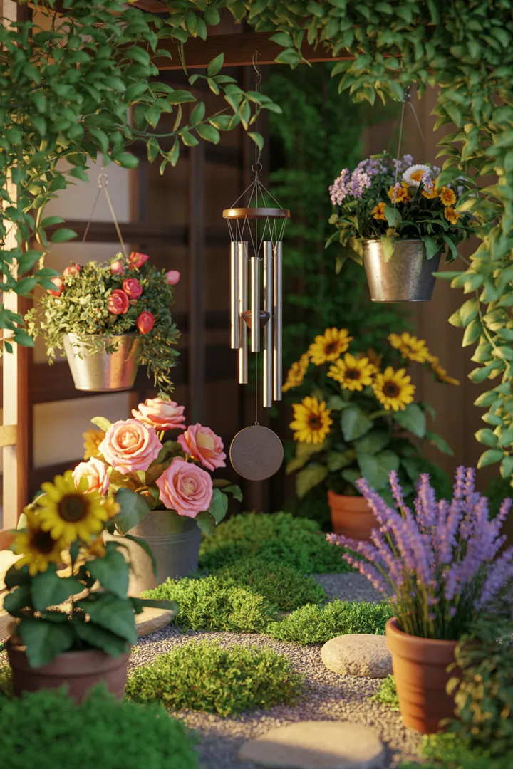 Fröhliche Frühlingskränze schmücken die Eingangstür, umgeben von farbenfrohen Pflanzgefäßen und stilvollen Outdoor-Textilien, die den Garten in eine einladende Oase verwandeln.