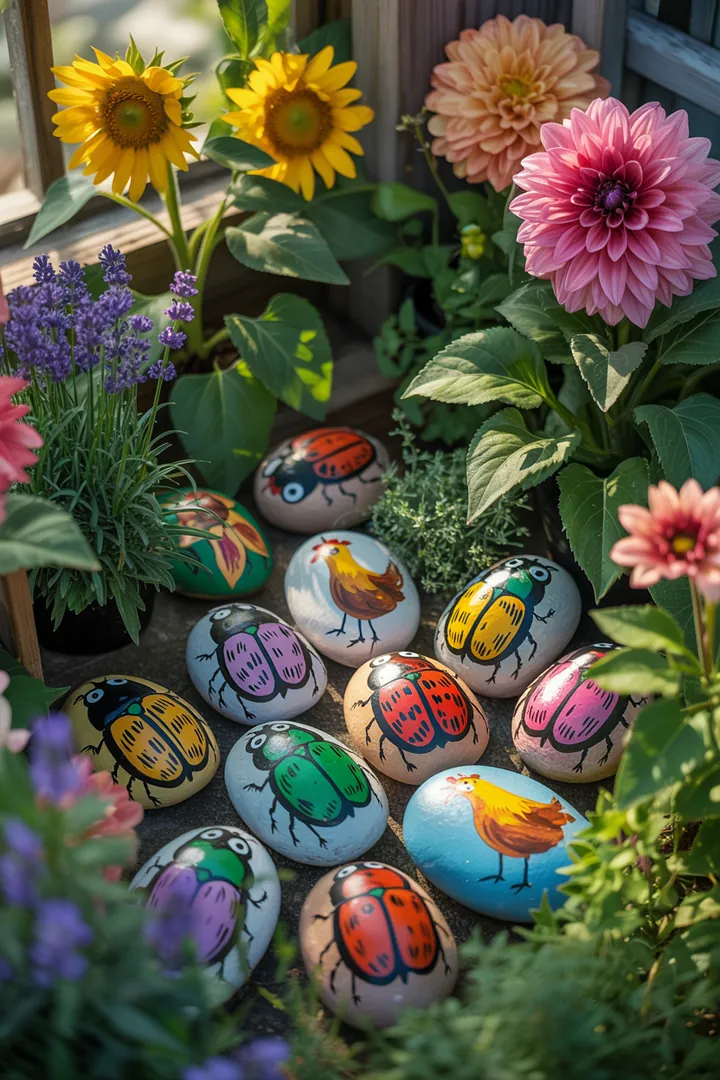 Bunte Frühlingskränze und kreative Türdekorationen für den Garten, umgeben von lebhaften Pflanzgefäßen und fröhlichen Outdoor-Textilien, schaffen ein einladendes Ambiente.