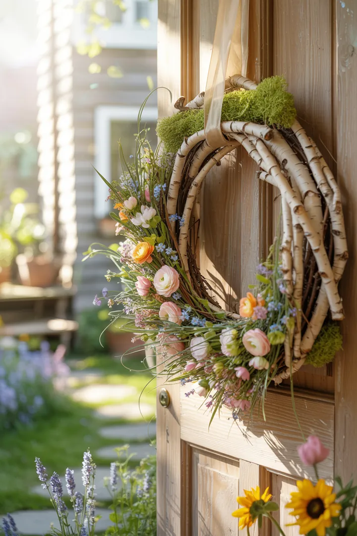 Frühlingshafte Türdekorationen aus bunten Blüten und frischen Akzenten, ideal für Garten und Terrasse. Stilvolle Pflanzgefäße und Upcycling-Elemente setzen fröhliche Highlights im Freien.