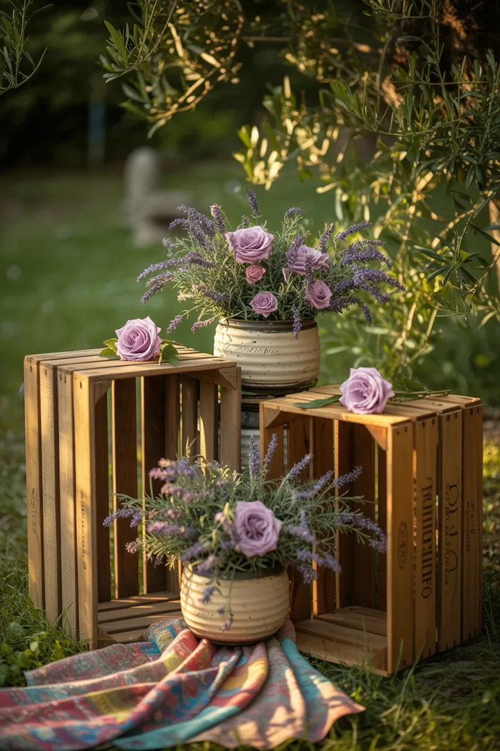 Bunte Frühlingskränze und kreative Türdekorationen für den Garten, kombiniert mit stilvollen Pflanzgefäßen und fröhlichen Outdoor-Textilien, schaffen eine einladende Atmosphäre im Freien.