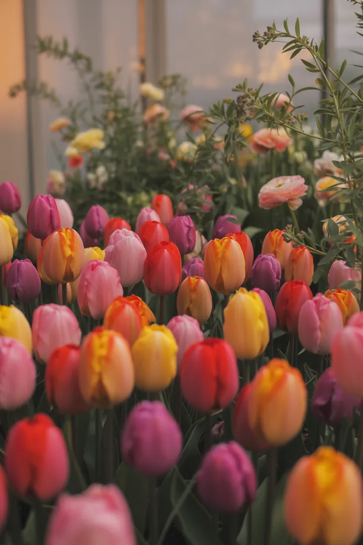 Bunte Frühlingskränze schmücken den Eingang, während stilvolle Pflanzgefäße und farbenfrohe Accessoires eine einladende Atmosphäre im Garten schaffen.