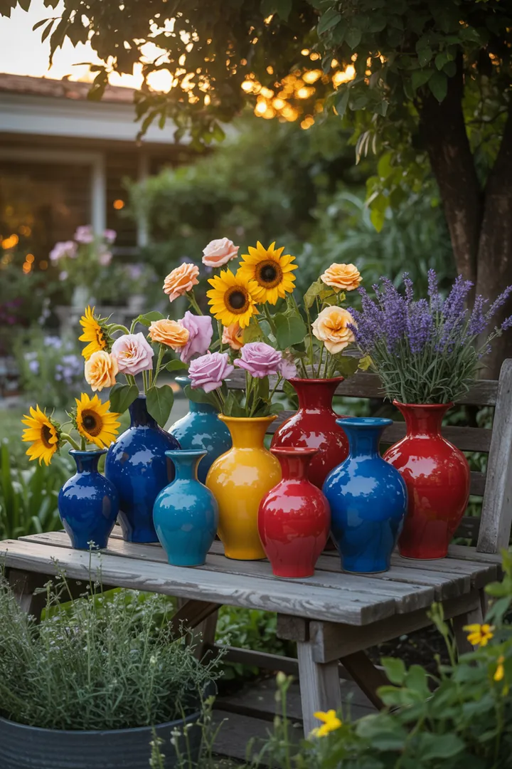 Bunte Frühlingskränze und kreative Türdekorationen verleihen dem Garten ein lebhaftes Flair, während Pflanzgefäße und stilvolle Accessoires wie Vasen und Laternen die Outdoor-Atmosphäre aufwerten.