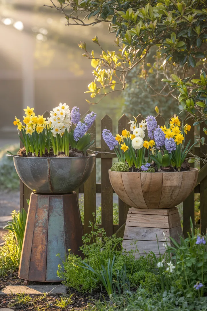 Frühlingshafte Türdekoration mit bunten Kränzen und floralen Akzenten, die lebendige Farben und kreative Upcycling-Ideen für den Garten vereinen. Ideal für fröhliche Outdoor-Atmosphäre.