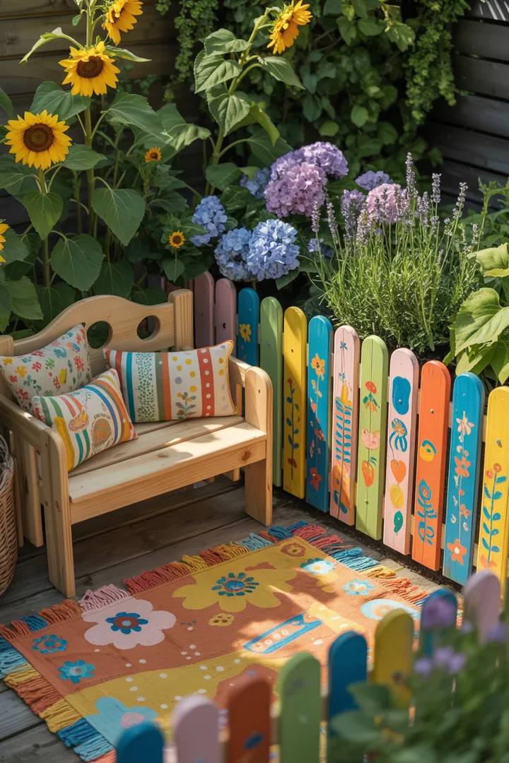 „Bunte Frühlingskränze und kreative Türdekorationen für den Garten, ergänzt durch lebendige Pflanzgefäße und fröhliche Outdoor-Textilien, schaffen eine einladende Atmosphäre im Freien.“