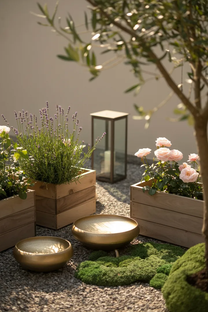 Bunte Frühlingskränze schmücken den Eingangsbereich, umgeben von lebhaften Pflanzgefäßen und farbenfrohen Accessoires, die dem Garten frischen Charme verleihen. Dekorative Elemente aus Holz und Metall setzen stilvolle Akzente.