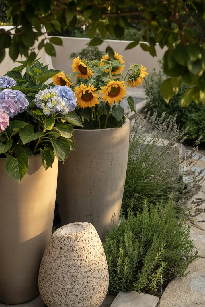 Bunte Frühlingskränze aus frischen Blumen und Grünpflanzen schmücken den Eingangsbereich, während farbenfrohe Pflanzgefäße und stilvolle Kissen eine einladende Atmosphäre im Garten schaffen.