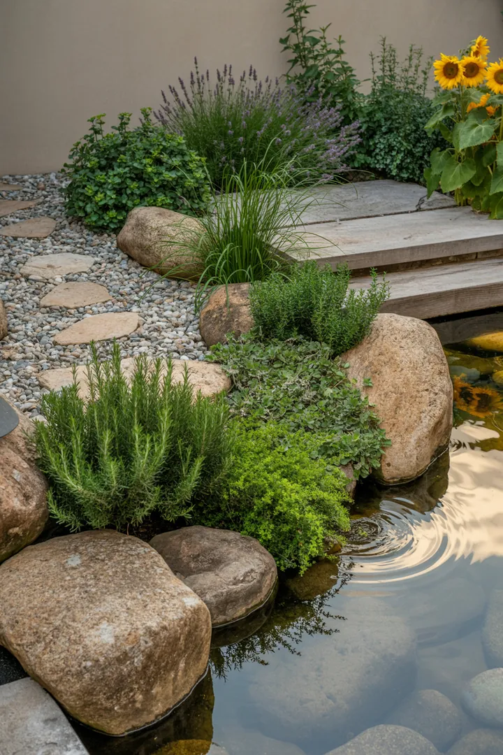 Frühlingshafte Türdekoration mit bunten Kränzen und lebendigen Blumenarrangements, umgeben von stilvollen Pflanzgefäßen und farbenfrohen Accessoires für den Garten.