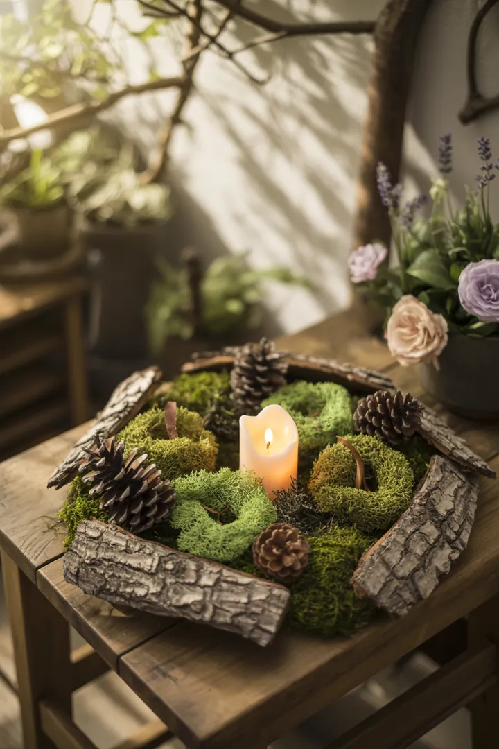 Bunte Frühlingskränze aus frischen Blumen, dekorativ an einer Haustür platziert, umgeben von lebhaften Pflanzgefäßen und fröhlichen Kissen, die die Outdoor-Atmosphäre aufhellen.