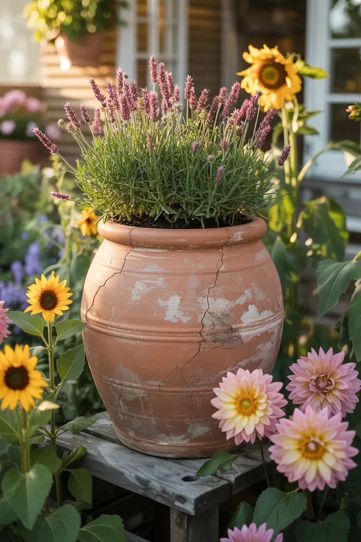 Bunter Frühlingskranz aus frischen Blumen und natürlichen Materialien, dekoriert für die Außentür, um fröhliche Akzente im Garten zu setzen.