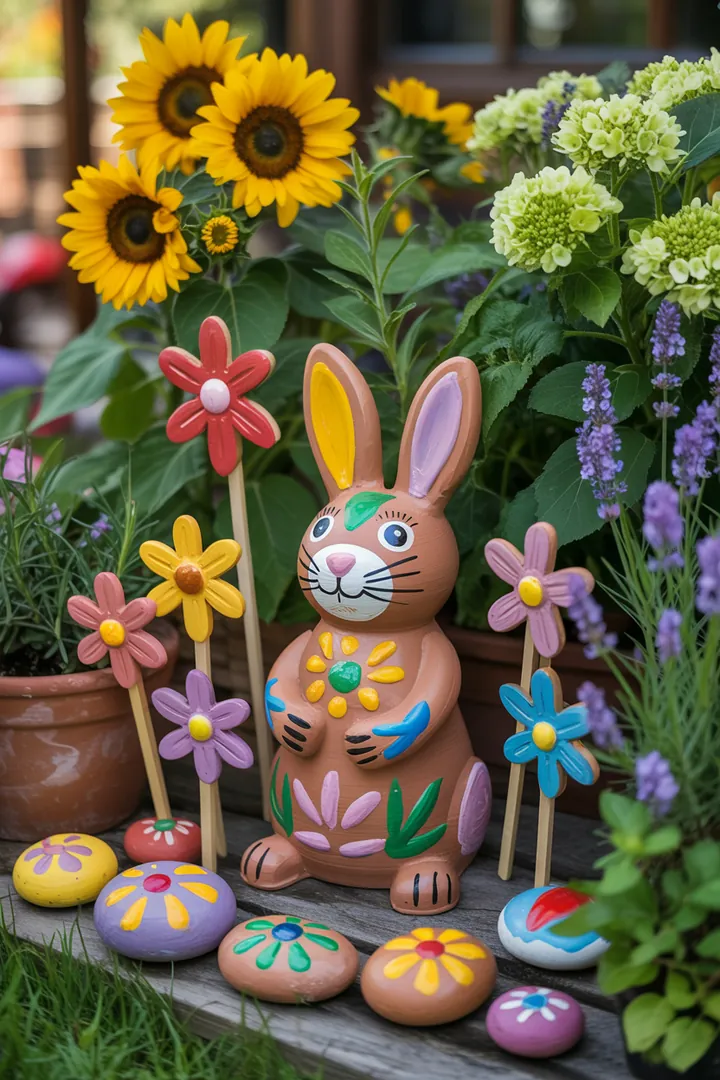 Bunte Frühlingskränze und kreative Türdekorationen für den Garten, kombiniert mit lebendigen Pflanzgefäßen und fröhlichen Textilien, schaffen eine einladende Atmosphäre. Farbige Accessoires und Upcycling-Ideen verleihen dem Außenbereich einen frischen Look.