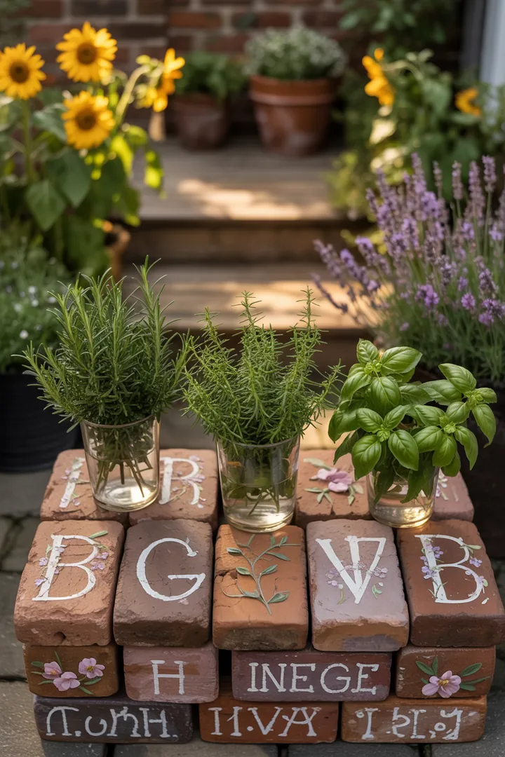 Bunte Frühlingskränze schmücken die Haustür, umgeben von farbenfrohen Pflanzgefäßen und Kissen, die den Garten in eine lebendige Oase verwandeln.