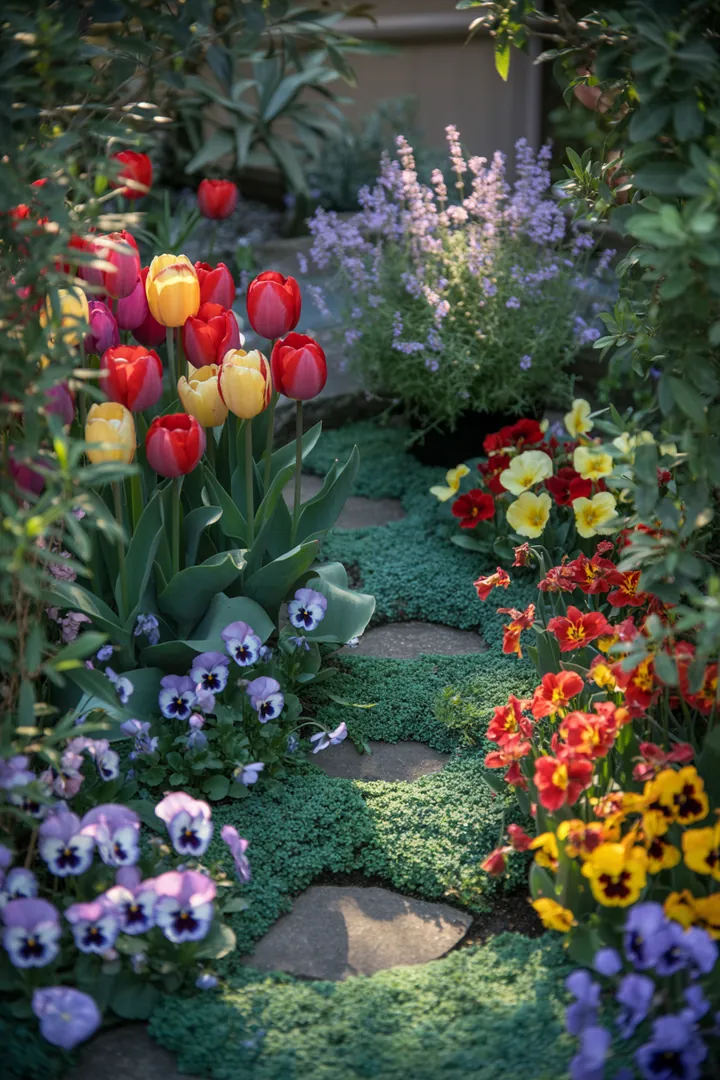 Fröhliche Frühlingskränze zieren die Eingangstür, umgeben von bunten Blumentöpfen und stilvollen Textilien. Farbige Akzente und kreative Upcycling-Elemente verleihen dem Außenbereich einen einladenden Charme.