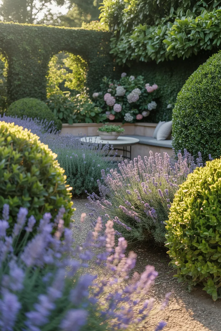 Fröhliche Frühlingskränze zieren die Eingangstür, umgeben von bunten Pflanzgefäßen und frischen Outdoor-Textilien. Farbige Accessoires und DIY-Dekoelemente verleihen dem Garten einen einladenden Charme.