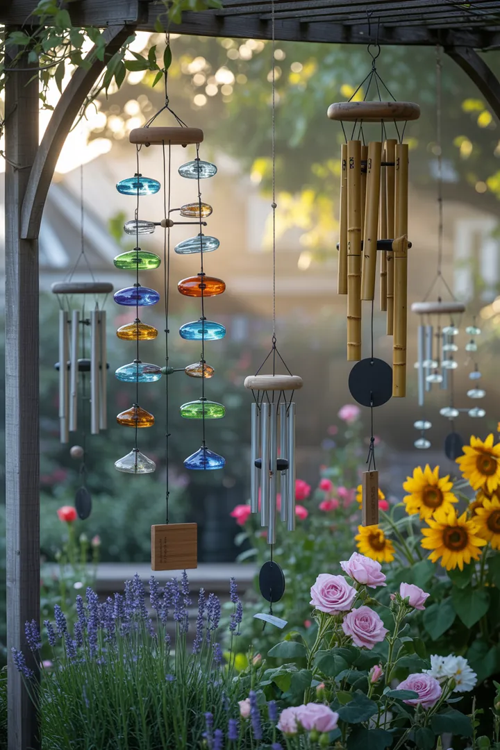 Buntes Arrangement aus Frühlingskränzen und lebhaften Pflanzgefäßen als Türdekoration für den Garten, um eine einladende Atmosphäre zu schaffen.