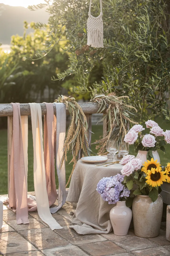 Bunte Frühlingskränze und kreative Türdekorationen für den Garten, umgeben von lebhaften Pflanzgefäßen und fröhlichen Outdoor-Textilien.