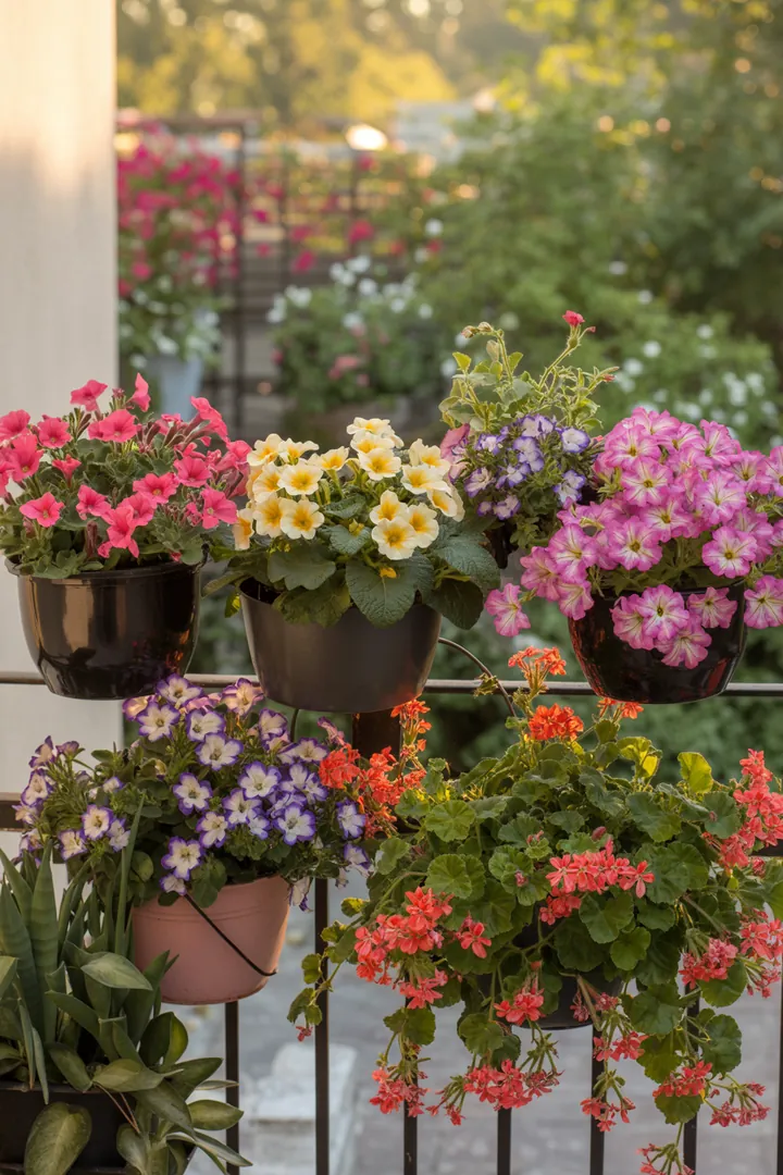 Frühlingskranz aus bunten Blumen als charmante Türdekoration, umgeben von leuchtenden Pflanzgefäßen und fröhlichen Outdoor-Textilien für eine einladende Gartenatmosphäre.