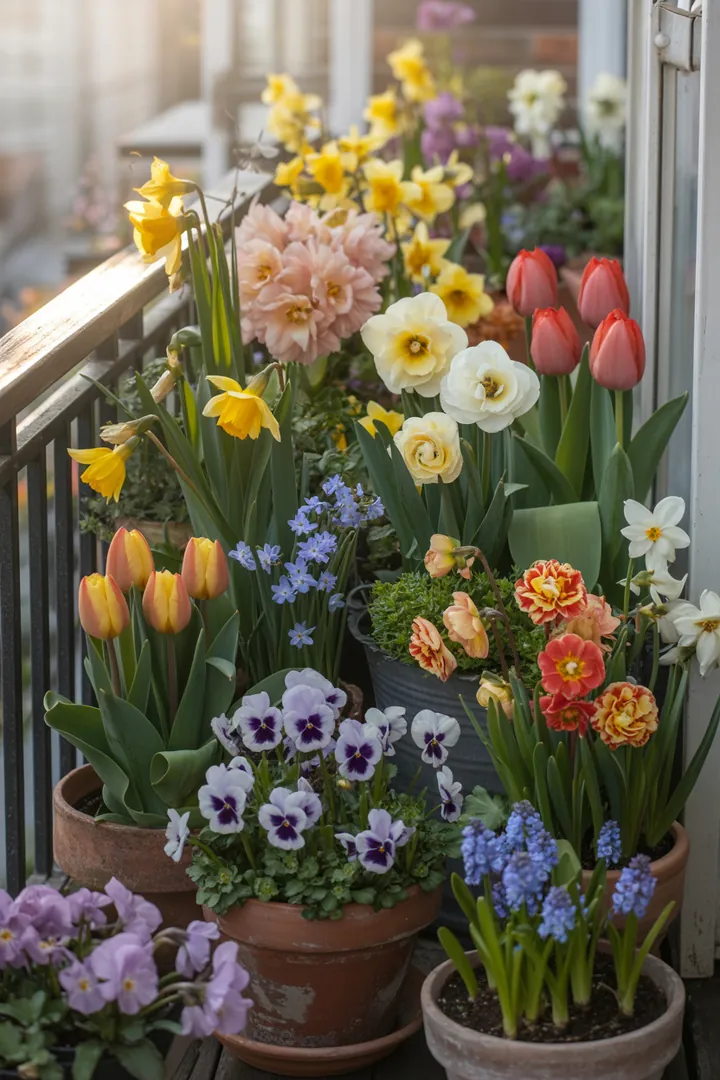 Bunte Frühlingskränze und kreative Türdekorationen für den Garten, umgeben von blühenden Pflanzen und stilvollen Accents. Lebendige Outdoor-Textilien und handgemachte Deko-Elemente verleihen dem Außenbereich einen fröhlichen Charme.