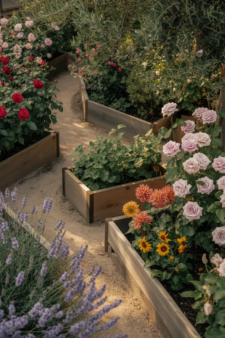 Bunte Frühlingskränze und kreative Türdekorationen verleihen dem Garten einen frischen Look, während Pflanzenarrangements und farbenfrohe Accessoires die Outdoor-Atmosphäre aufwerten.