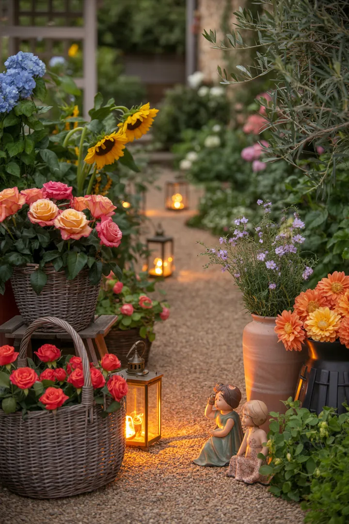 Fröhliche Frühlingskränze und farbenfrohe Türdekorationen verleihen dem Garten einen einladenden Charme, ergänzt durch kreative DIY-Akzente und stimmungsvolle Lichtideen.
