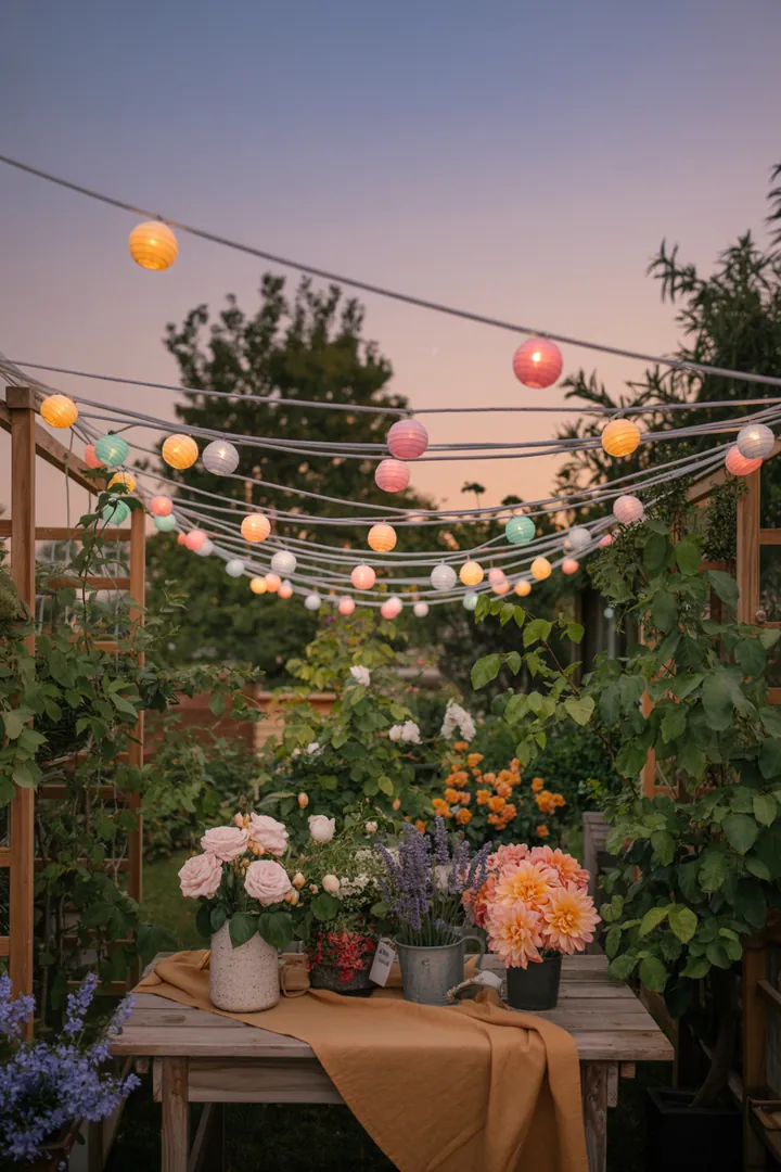 Fröhlicher Frühlingskranz aus bunten Blumen, dekorative Pflanzgefäße und frische Kissen verleihen der Außentür lebendige Farben und Charme. Ideal für saisonale Garten-Dekorationen.
