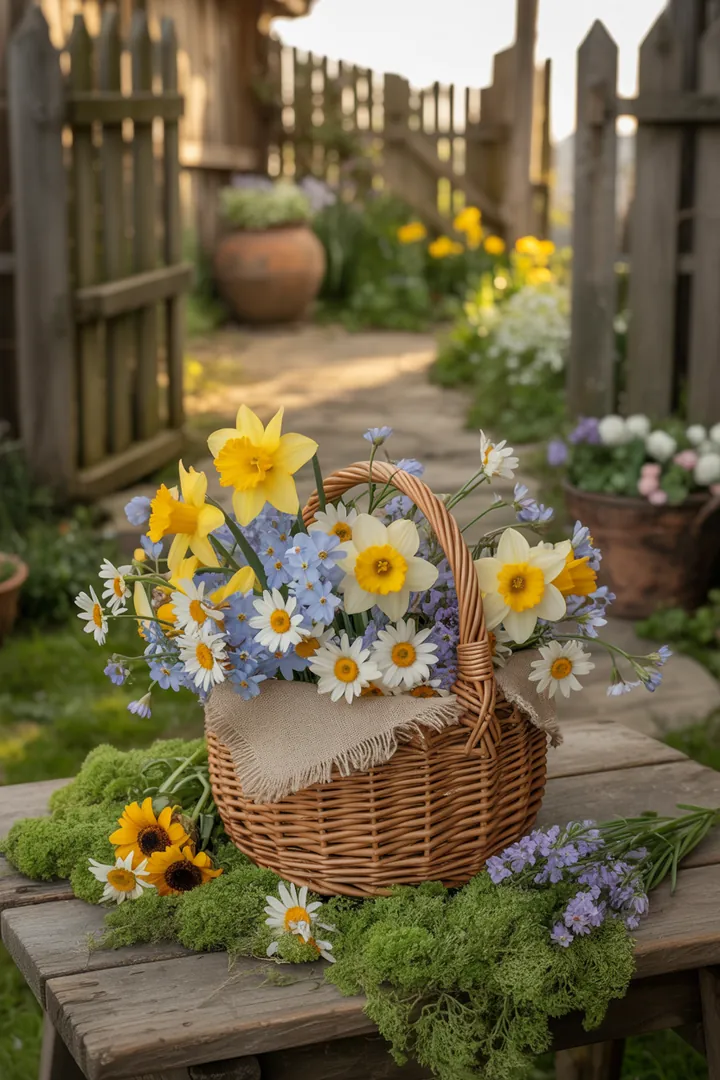 Frühlingskranz aus bunten Blumen für eine einladende Türdekoration im Garten, umgeben von frischen Farben und stilvollen Pflanzgefäßen.