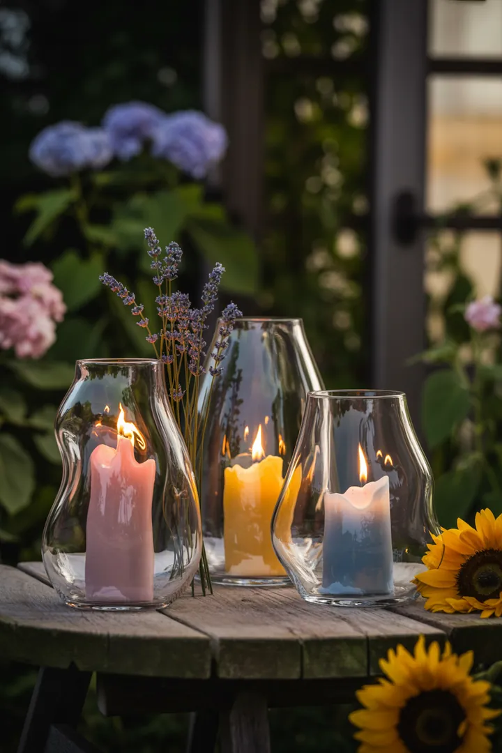 Bunte Frühlingskränze schmücken die Eingangstür, umgeben von blühenden Pflanzgefäßen und farbenfrohen Accessoires. Stimmungsvolle Lichterketten und DIY-Dekorationen verleihen dem Garten eine einladende Atmosphäre.