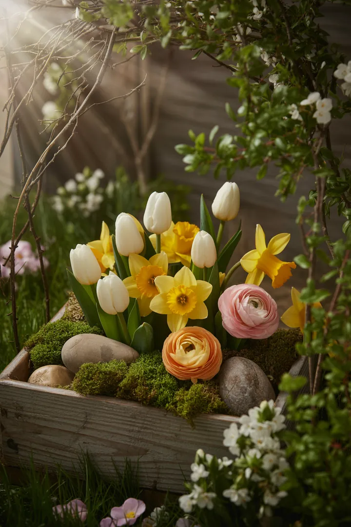 Bunte Frühlingskränze schmücken den Eingangsbereich, umgeben von charmanten Pflanzgefäßen und farbenfrohen Akzenten. Weiche Textilien und Kissen laden zum Verweilen ein, während DIY-Dekoelemente aus Holz und Metall einen individuellen Touch verleihen. Hängedekorationen und Lichterketten setzen stimmungsvolle Akzente im Garten.