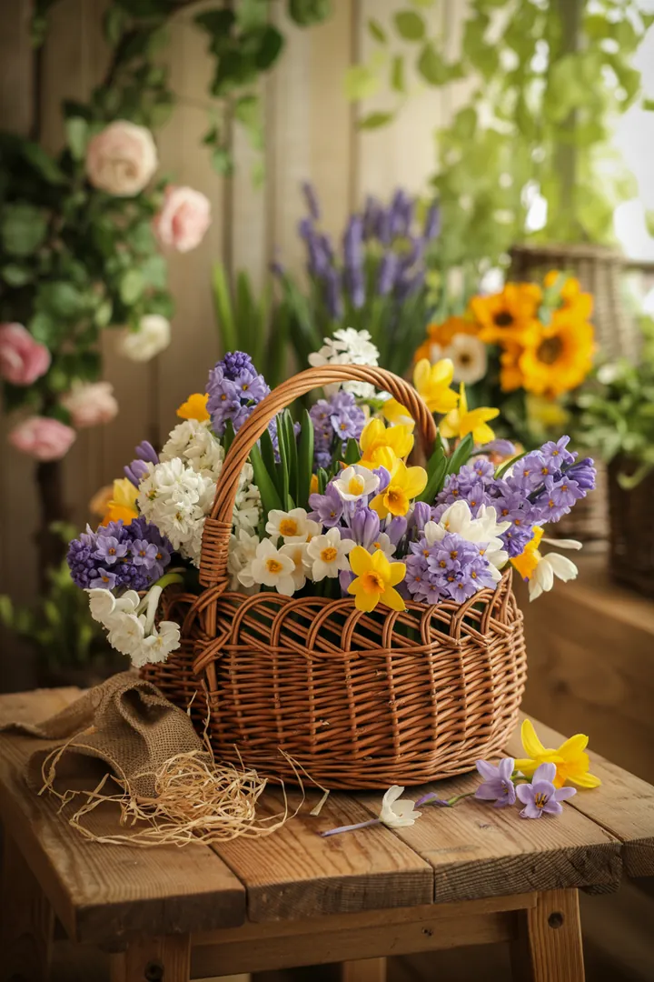 Frühlingshafte Gartendekoration mit bunten Pflanzenarrangements, liebevoll gestalteten Kränzen und stilvollen Textilien, die den Außenbereich beleben und einladend wirken.