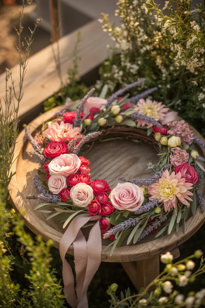Frühlingskranz aus bunten Blüten, stilvolle Türdekoration für den Garten, mit lebendigen Farben und natürlichen Materialien, um Frühlingsflair zu verbreiten.