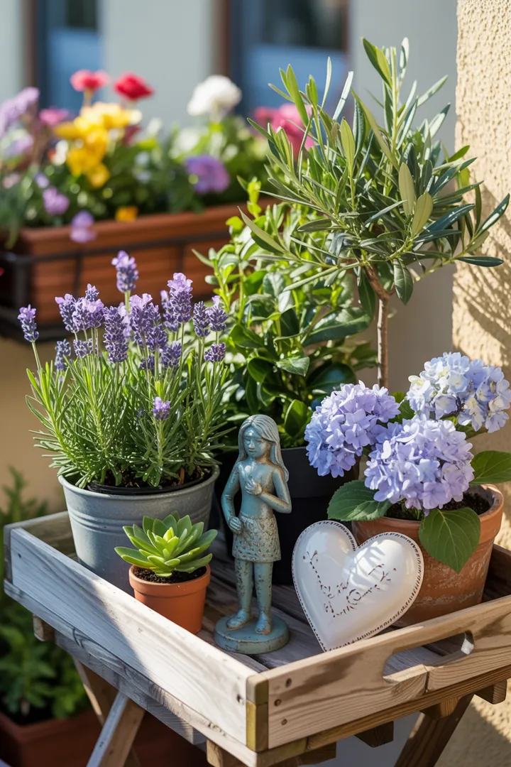 Bunte Frühlingskränze schmücken die Eingangstür, umgeben von lebhaften Pflanzgefäßen und fröhlichen Outdoor-Textilien, die einladende Akzente im Garten setzen.