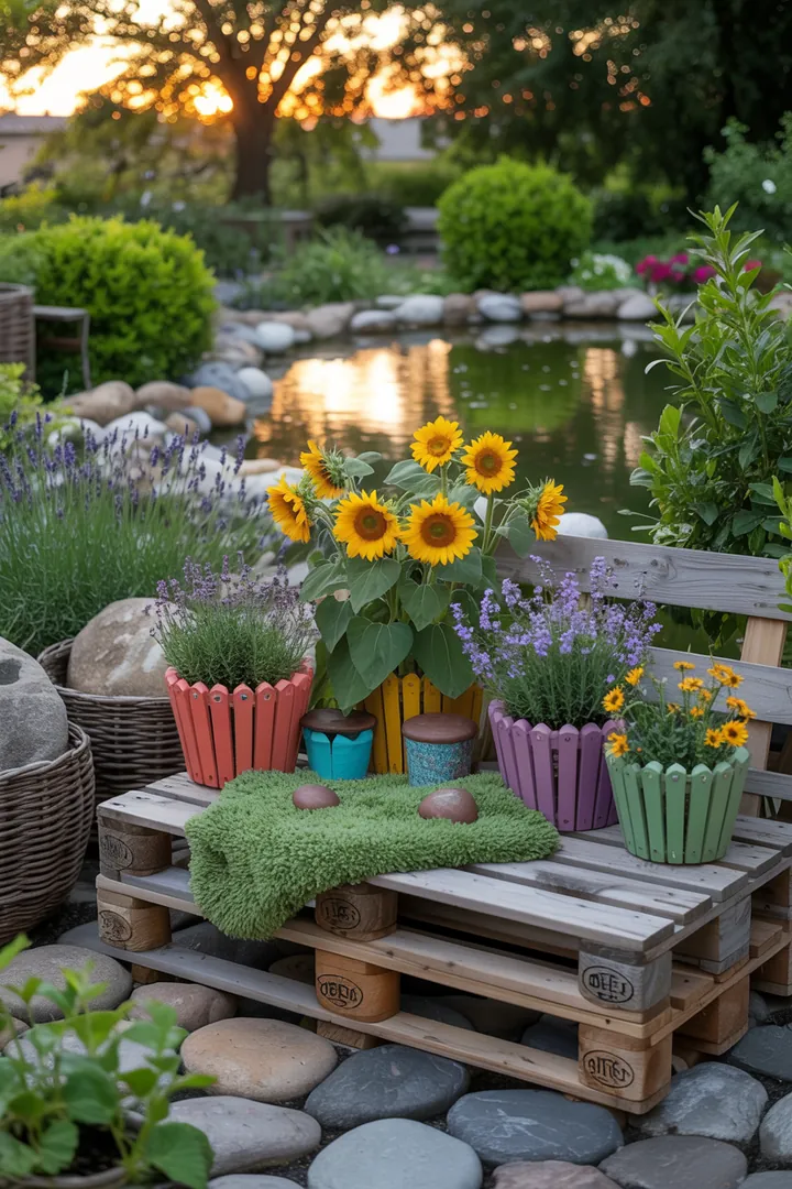 Bunt gestaltete Gartenprojekte für die Frühlingssaison: kreative Upcycling-Ideen, bunte Deko-Elemente und praktische Pflanzenmarkierungen für einen blühenden Außenbereich.