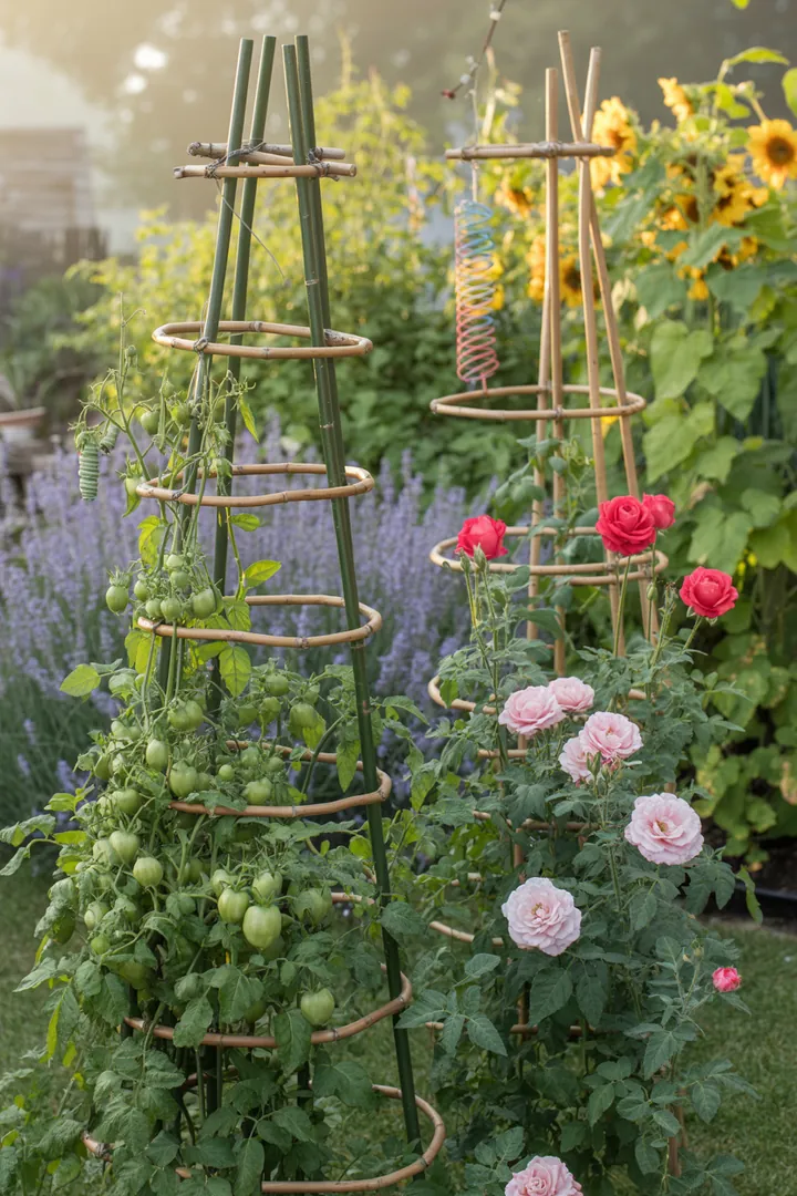Bunt gestaltete Gartenprojekte für die Frühlingssaison, darunter kreative Pflanzgefäße, individuelle Gartenbeschilderungen und farbenfrohe Deko-Elemente aus Naturmaterialien.