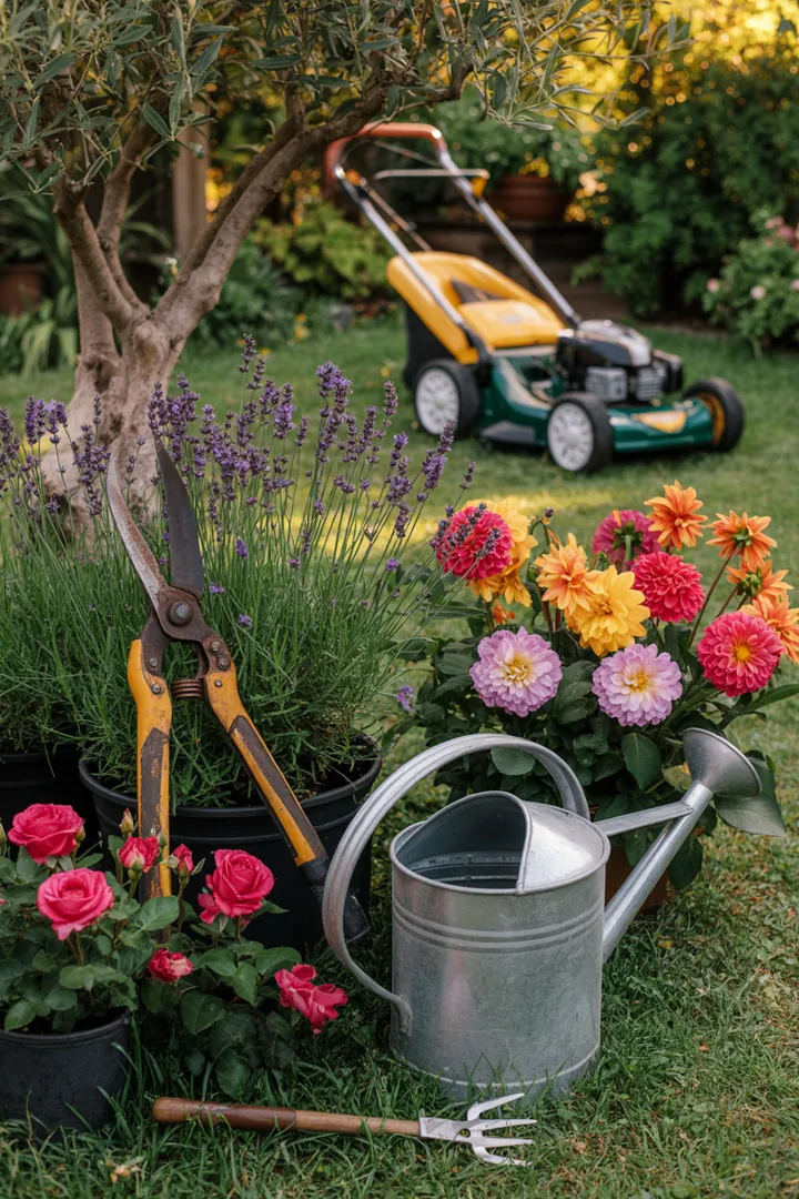 Frühling im Garten: Vorbereitung für die Saison mit Pflegearbeiten, darunter Rückschnitt, Düngung, Saat und Schutzmaßnahmen für Pflanzen und Rasen.
