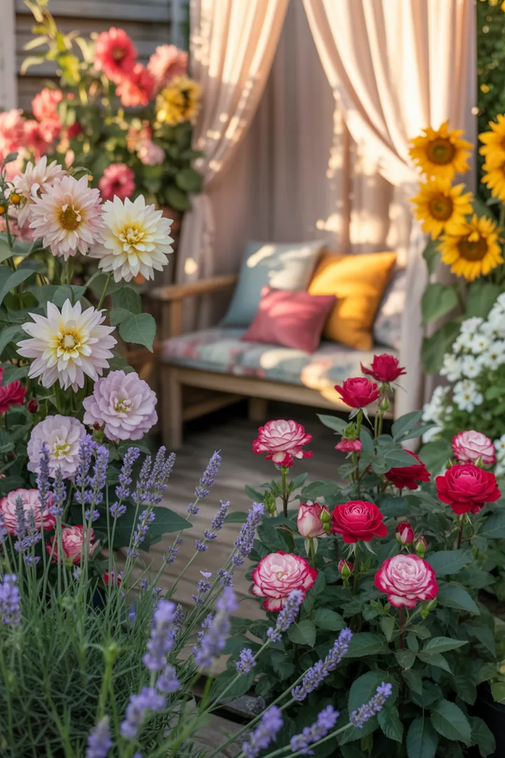Ein einladender Außenbereich für eine Frühlingsfeier mit pastellfarbener Dekoration, gemütlichen Sitzgelegenheiten, stimmungsvoller Beleuchtung und einem inspirierenden Buffet. Die Szenerie zeigt Spiele und Aktivitäten im Garten, perfekt für fröhliche Momente im Frühling, ergänzt durch kreative Einladungsdesigns.
