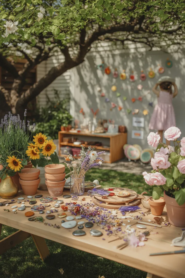 Bunte Frühlingsdekoration mit pastellfarbenen Akzenten, geschmackvoll gestaltete Sitz- und Stehbereiche im Freien, stimmungsvolle Beleuchtung für eine Abendveranstaltung im Garten, abwechslungsreiche Buffet- und Bar-Ideen, unterhaltsame Spiele und Aktivitäten für draußen sowie kreative Einladungsgestaltung für eine fröhliche Frühlingsfeier im Freien.
