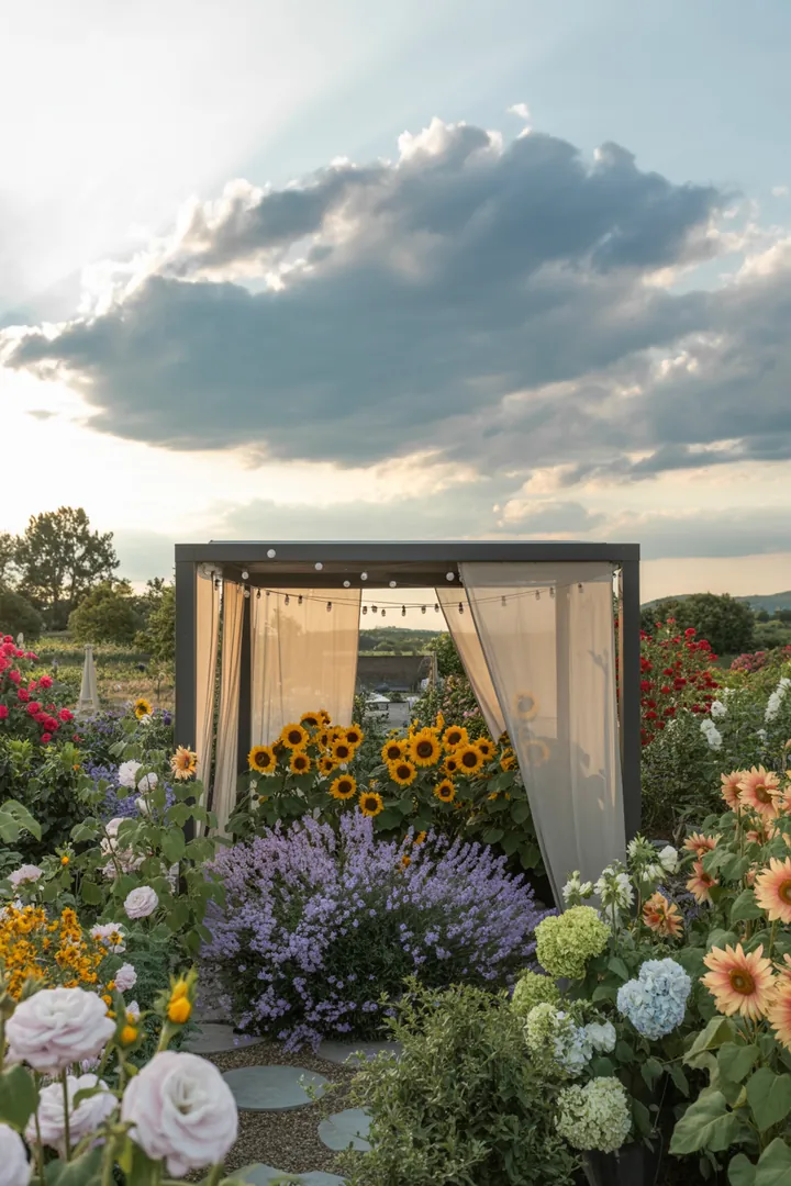 Frühlingshafte Outdoor-Feier mit pastellfarbener Dekoration, gemütlichen Sitzgelegenheiten, stimmungsvollem Licht, leckerem Buffet und kreativen Spielen im Garten.