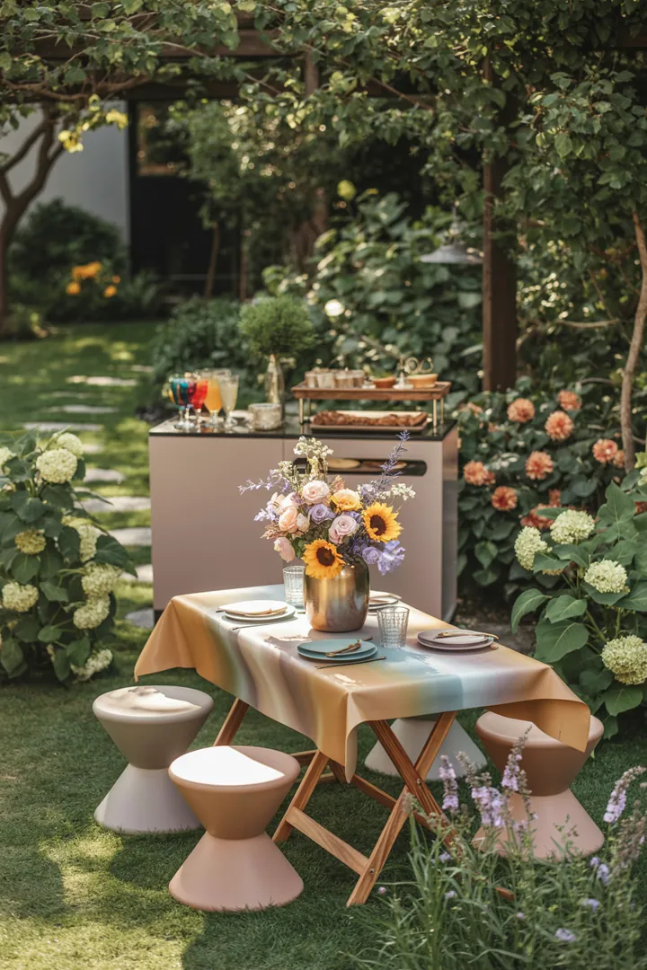 Frühlingshafte Outdoor-Feier mit pastellfarbener Dekoration, gemütlichen Sitz- und Stehmöglichkeiten, stimmungsvollem Licht und einem einladenden Buffet. Ideen für Spiele und Musik schaffen eine festliche Atmosphäre im Garten.