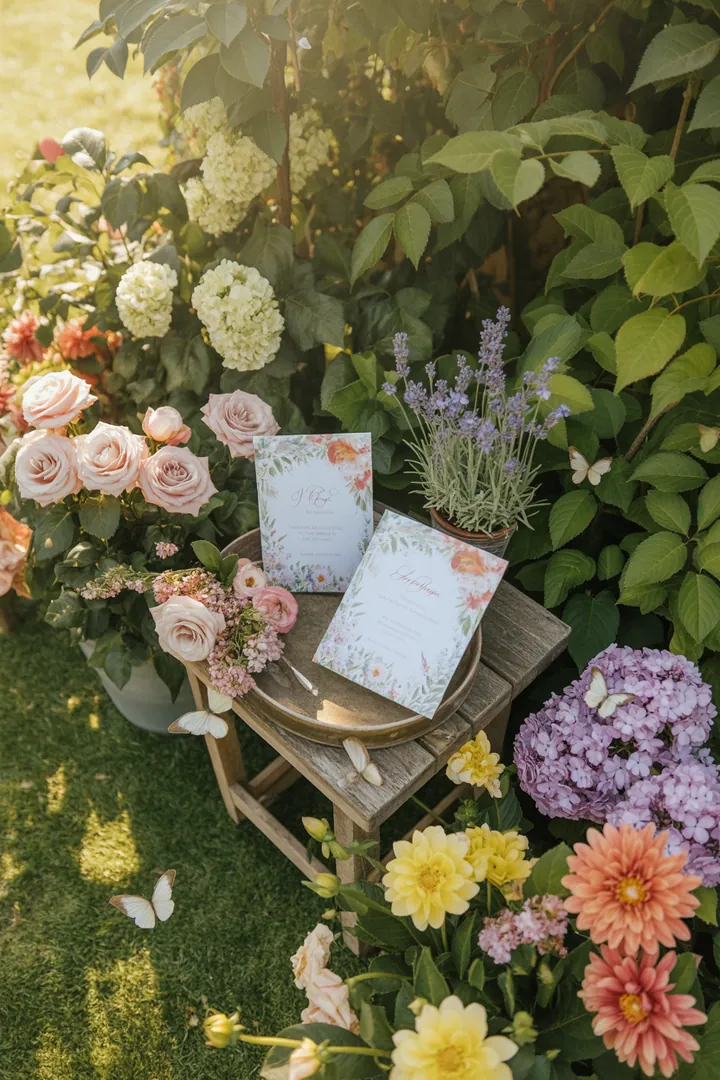Ein einladendes Freiluft-Setup mit pastellfarbener Tischdekoration, bequemen Sitzgelegenheiten und stimmungsvoller Beleuchtung, ideal für eine Frühlingsfeier im Garten.