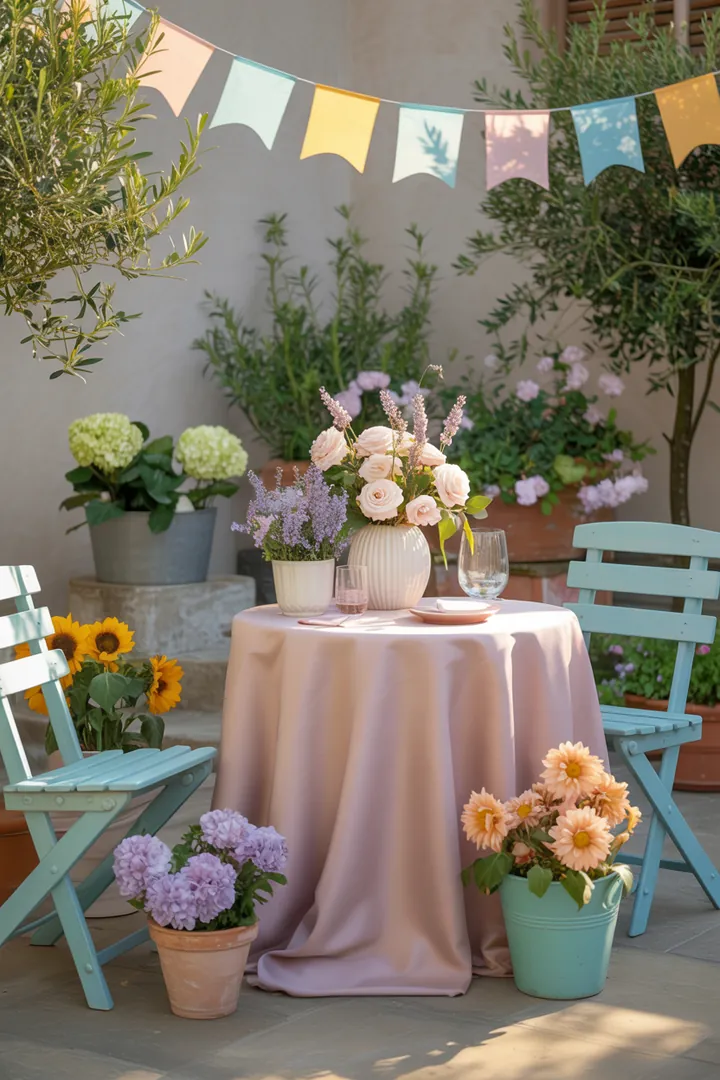 Bunte Frühlingsdekoration mit Pastelltönen, gemütliche Sitzgelegenheiten im Freien, stimmungsvolle Beleuchtung und einladende Buffet-Ideen für eine unvergessliche Gartenfeier.