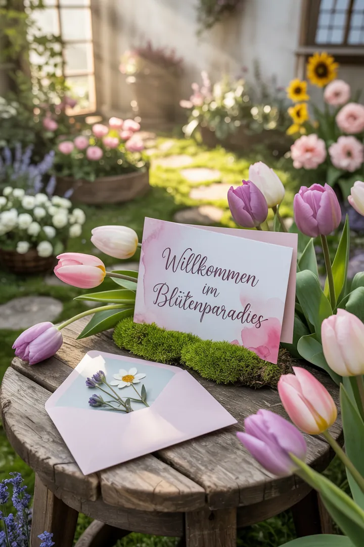 Fröhliche Frühlingsfeier im Freien mit pastellfarbener Dekoration, gemütlichen Sitzgelegenheiten, stimmungsvollem Licht und einem einladenden Buffet. Perfekte Ideen für Spiele und Musik, um die Gartenparty unvergesslich zu machen.