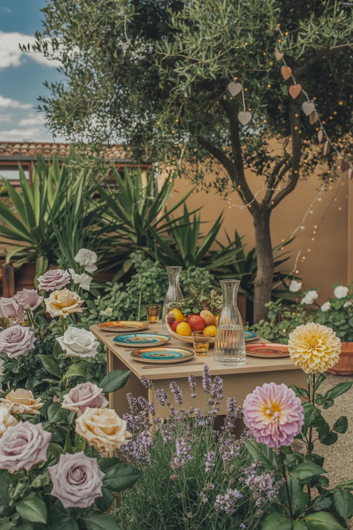 Bunt dekorierte Außenfläche mit frischen Pastelltönen für eine fröhliche Feier im Freien, inklusive stilvollen Sitzmöglichkeiten, stimmungsvoller Beleuchtung und einem einladenden Buffet, inspiriert von frühlingshaften Aktivitäten und Musik für unvergessliche Momente.