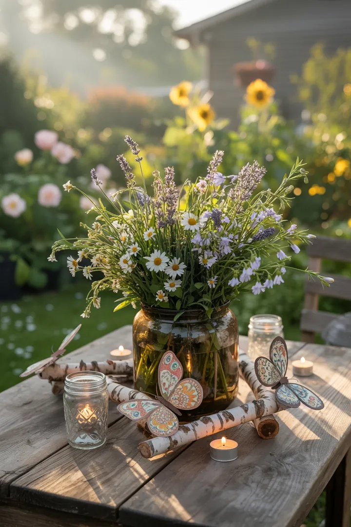 Bunte Frühlingsfeier im Freien mit pastellfarbener Dekoration, gemütlichen Sitz- und Stehmöglichkeiten, stimmungsvollem Licht, einem einladenden Buffet und unterhaltsamen Aktivitäten für unvergessliche Momente.