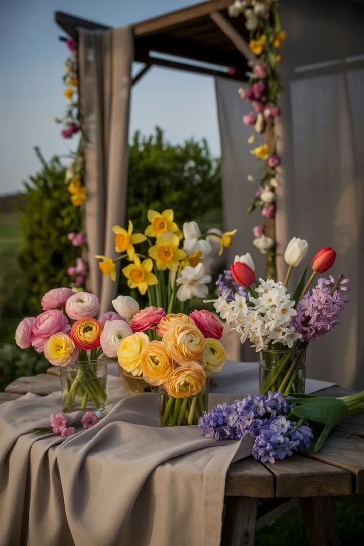 Frohe Frühlingsfeier im Freien mit pastellfarbener Dekoration, gemütlichen Sitzgelegenheiten, stimmungsvoller Beleuchtung und einem einladenden Buffet, ideal für Spiele und Musik.