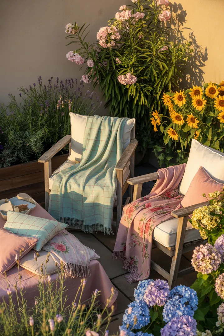 Fröhliche Frühlingsfeier im Freien mit pastellfarbenen Dekorationen, gemütlichen Sitzgelegenheiten und stimmungsvollem Licht. Ideen für ein Buffet, Spiele und wetterfeste Lösungen für unbeschwerte Gartenstunden.